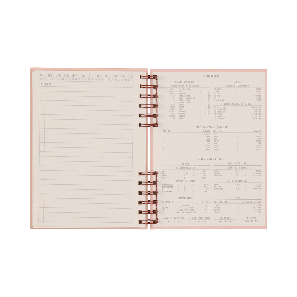 The Standard Issue Planner Notebook No. 12 - Rosewood + Blush is an open spiral-bound notebook displaying a blank table on the left and assorted measurement and conversion charts on the right. Featuring a light pink cover and crisp white pages with printed text, this premium planner ensures a superior writing experience with its high-quality construction.