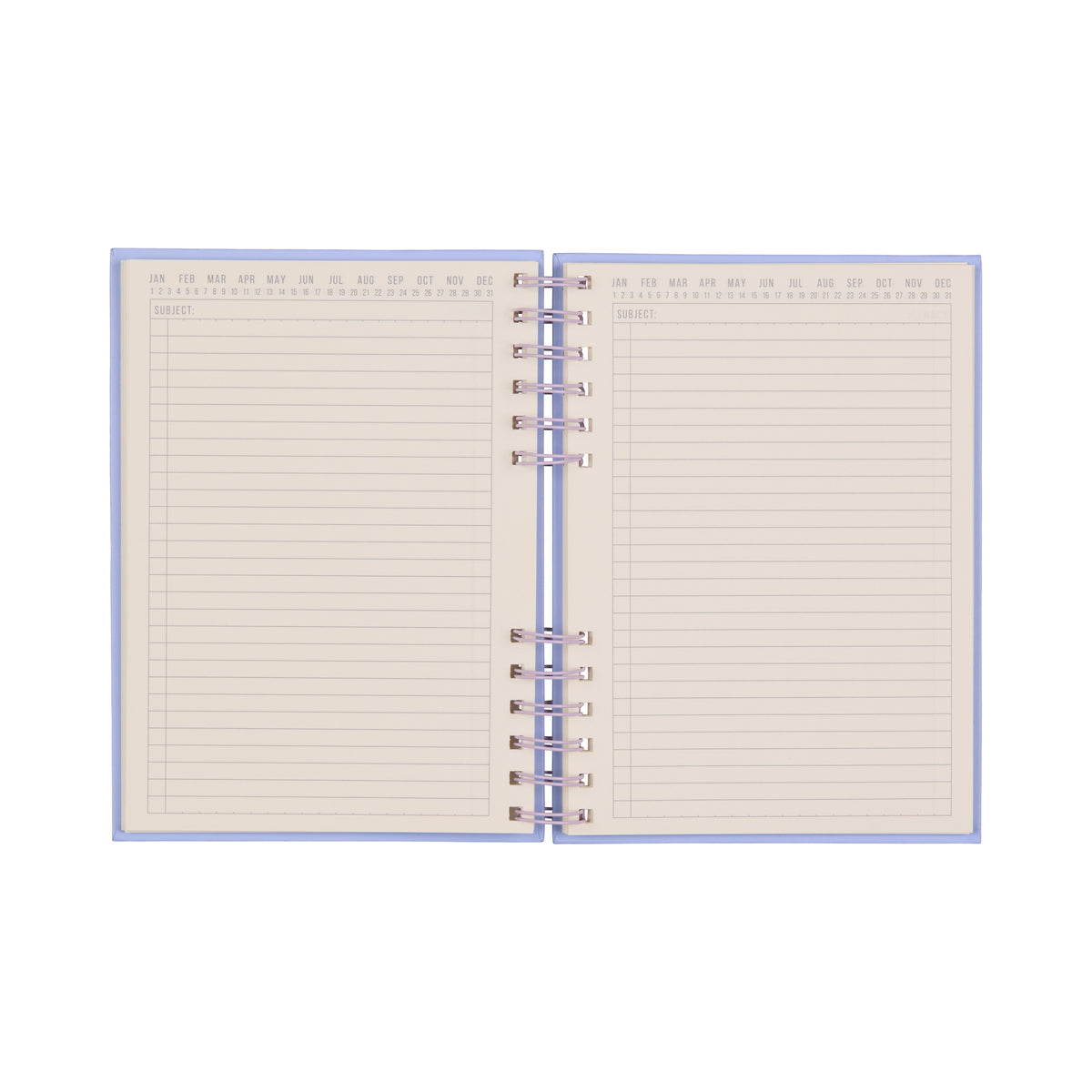 The Standard Issue Planner Notebook No. 12 - Lavender + Periwinkle is an open spiral-bound notebook with lined pages and a subject label at the top. The upper edges feature abbreviated months from January to December, making it ideal as a bullet journal or for everyday notes. Its blank, high-quality pages are designed for a premium writing experience.