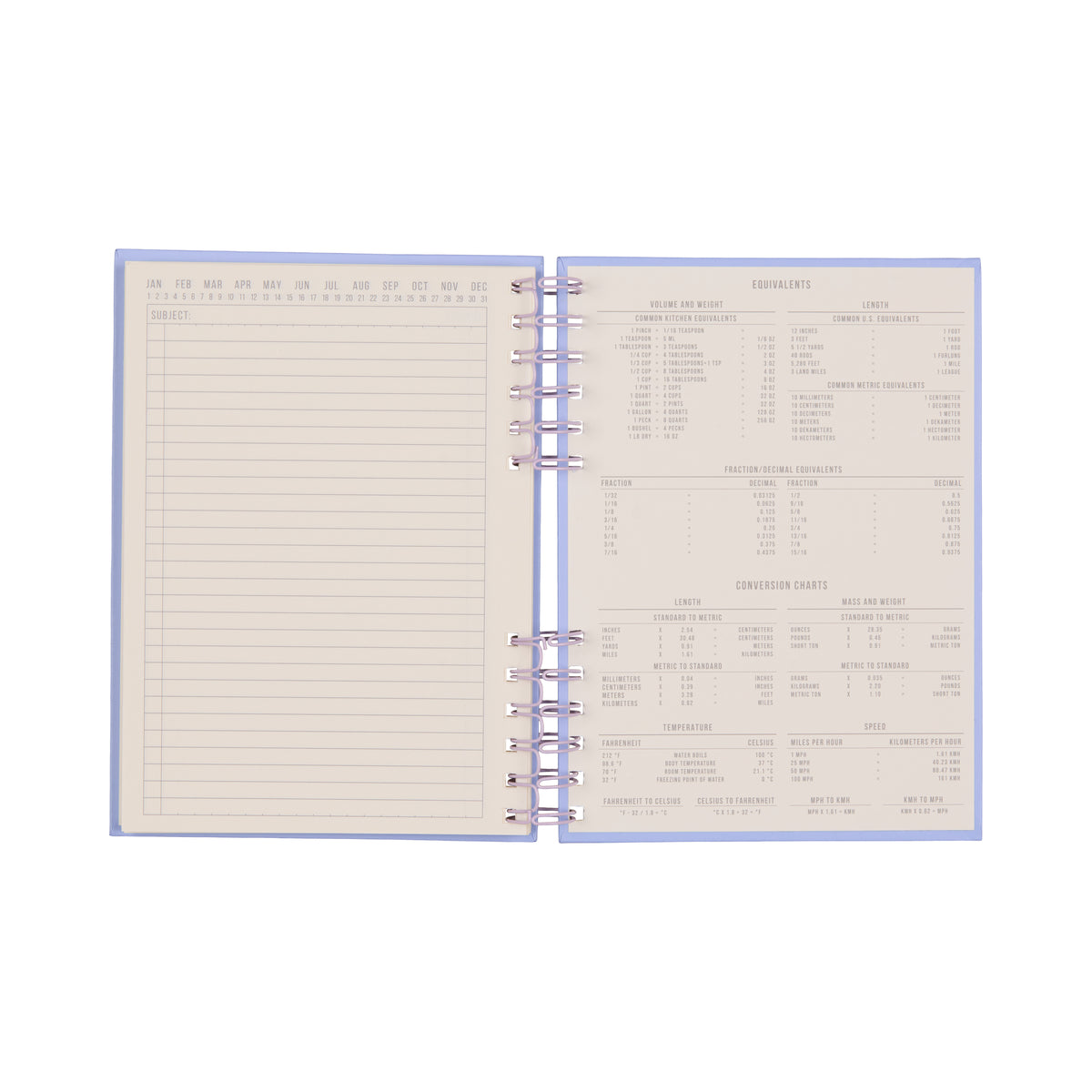 An open Standard Issue Planner Notebook No. 12 - Lavender + Periwinkle reveals a lined notes page on the left and kitchen measurement conversion charts—including equivalents, fractions, and weights—on the right. Crafted for a premium writing experience, this notebook features a cream-colored background and high-quality construction to ensure durability for everyday use.