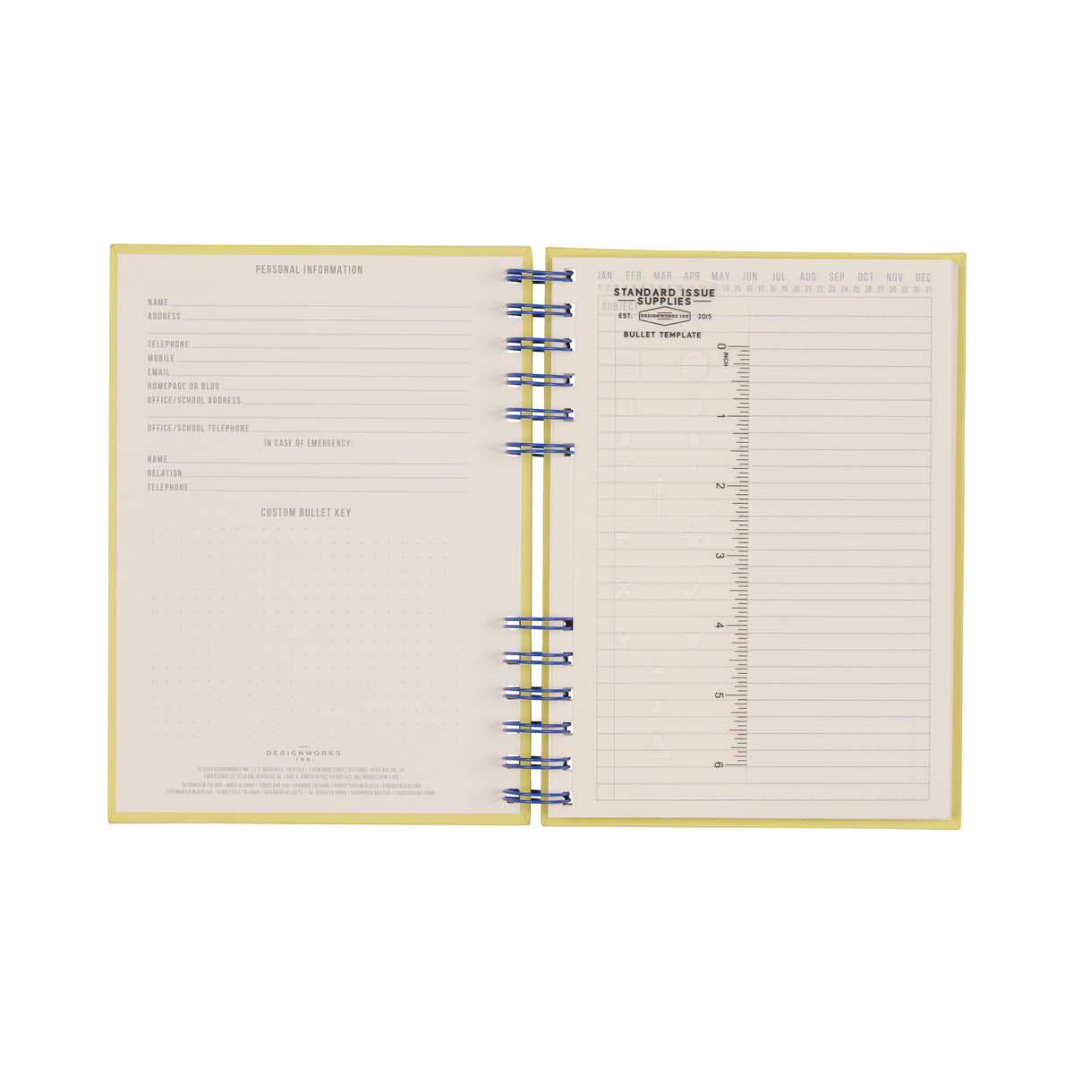 Open Standard Issue Planner Notebook No. 12 - Cobalt + Citron to reveal two pages: the left displays sections for personal information and a custom bullet key, while the right features a daily schedule with hourly time slots, a notes section, and a bullet template heading at the top. Boasting crisp white pages and an eye-catching yellow cover, this planner delivers a premium writing experience with its high-quality construction.