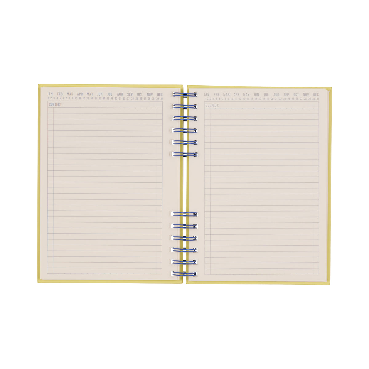 An open Standard Issue Planner Notebook No. 12 – Cobalt + Citron is displayed against a white background, featuring a yellow (citron) cover, spiral binding, and lined pages with designated sections for notes, tasks, and dates. Crafted with high-quality construction, it offers a premium writing experience.