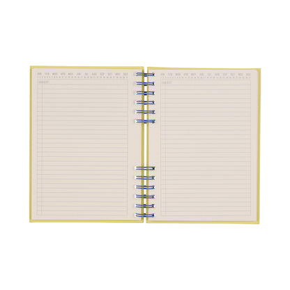 An open Standard Issue Planner Notebook No. 12 – Cobalt + Citron is displayed against a white background, featuring a yellow (citron) cover, spiral binding, and lined pages with designated sections for notes, tasks, and dates. Crafted with high-quality construction, it offers a premium writing experience.