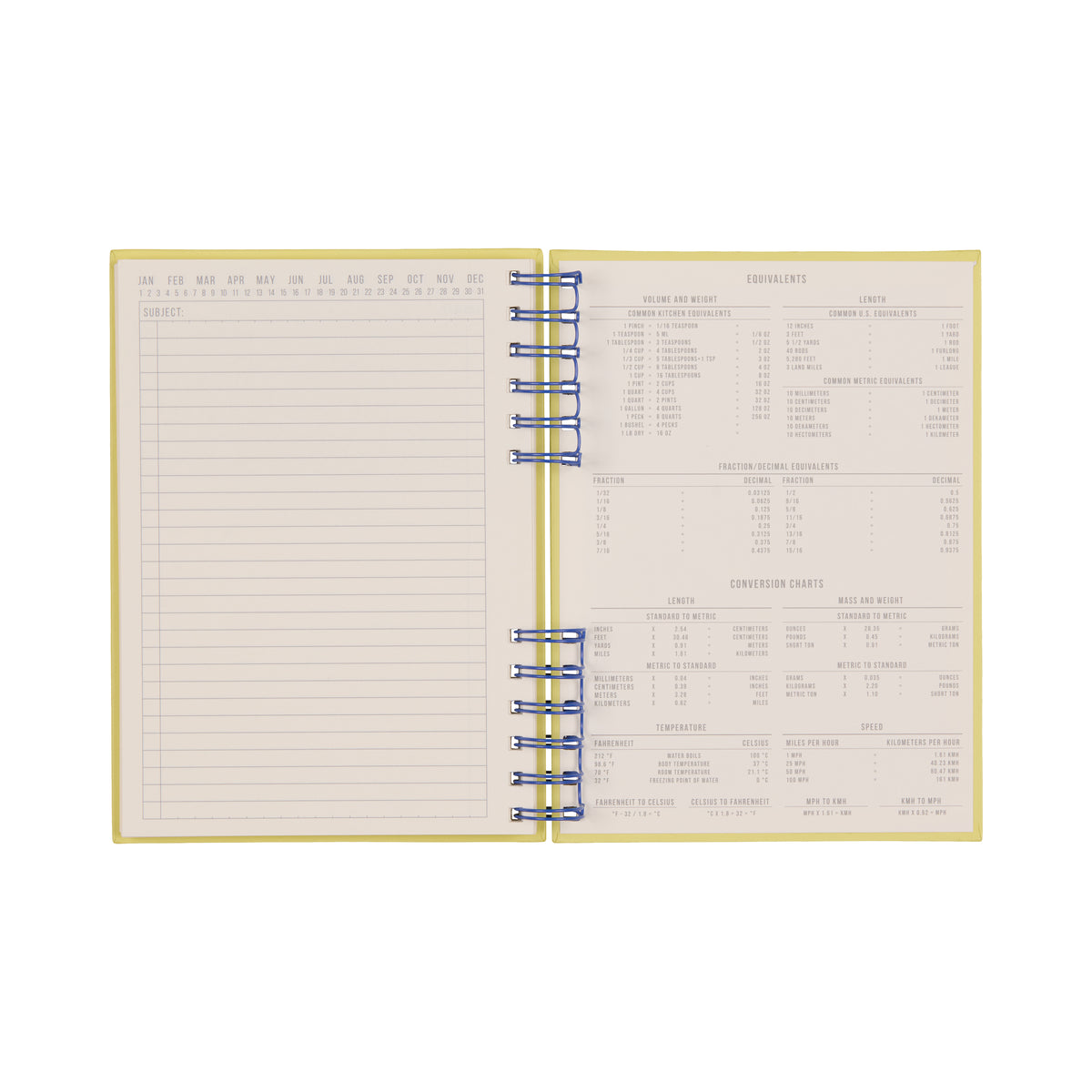 The Standard Issue Planner Notebook No. 12 - Cobalt + Citron is expertly crafted, featuring a blank lined page on the left and measurement conversion charts printed on the right, ensuring a premium writing experience.