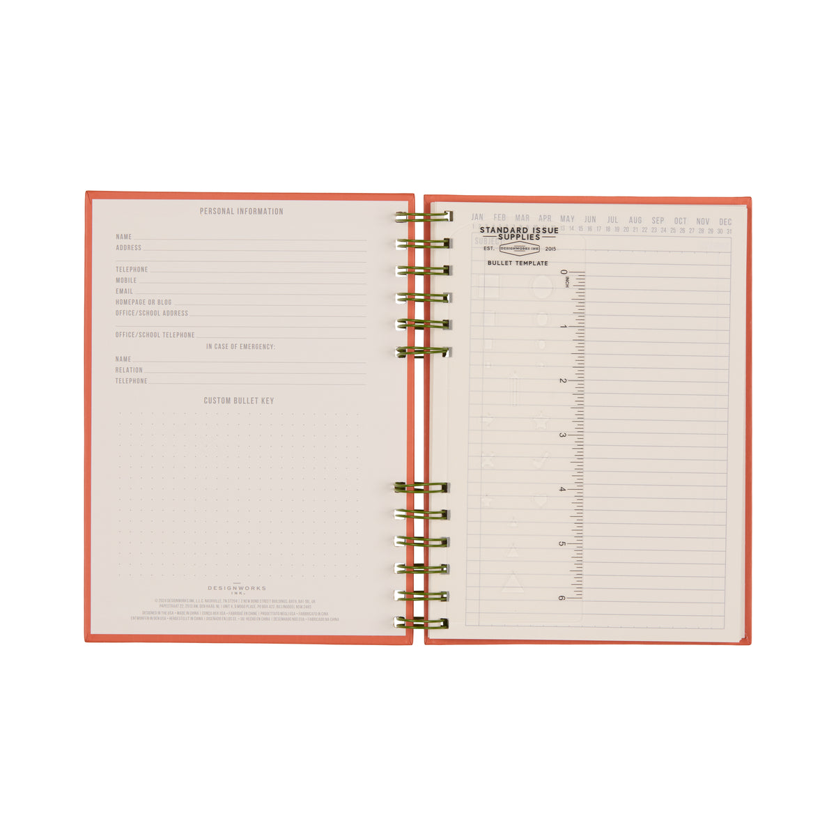 An open Standard Issue Planner Notebook No. 12 – Army Green + Chili, crafted with high-quality construction, reveals a personal information page on the left and a daily schedule template spanning 6 AM to 9 PM on the right, complete with note sections and a stamped inbox—delivering a premium writing experience reminiscent of the Standard Issue Notebook.