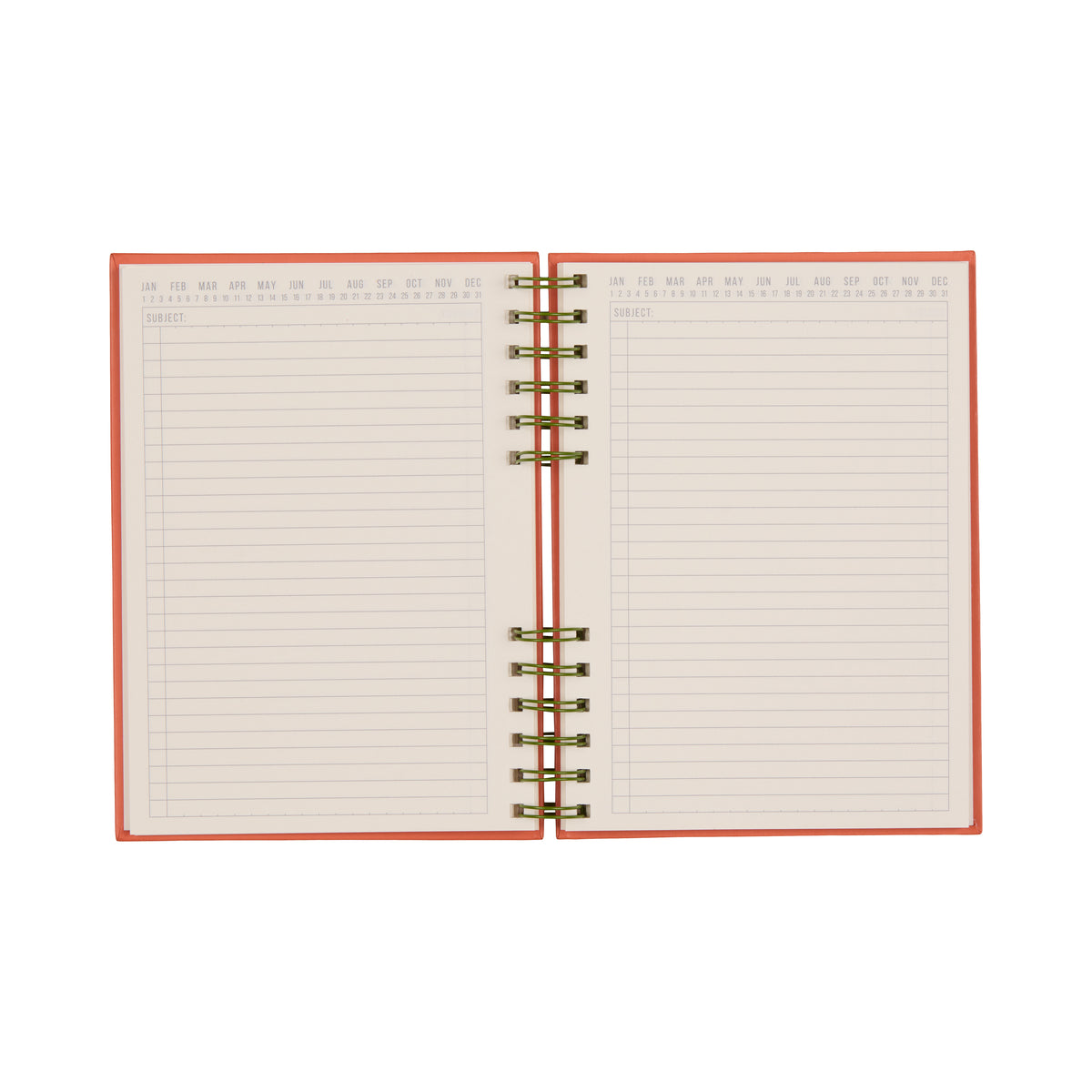 An open, spiral-bound Standard Issue Planner Notebook No. 12 - Army Green + Chili features lined pages with labeled months at the top, delivering a premium writing experience. The left page includes dedicated sections for subject and date, while both pages remain uncluttered, reflecting the notebook’s high-quality construction throughout.