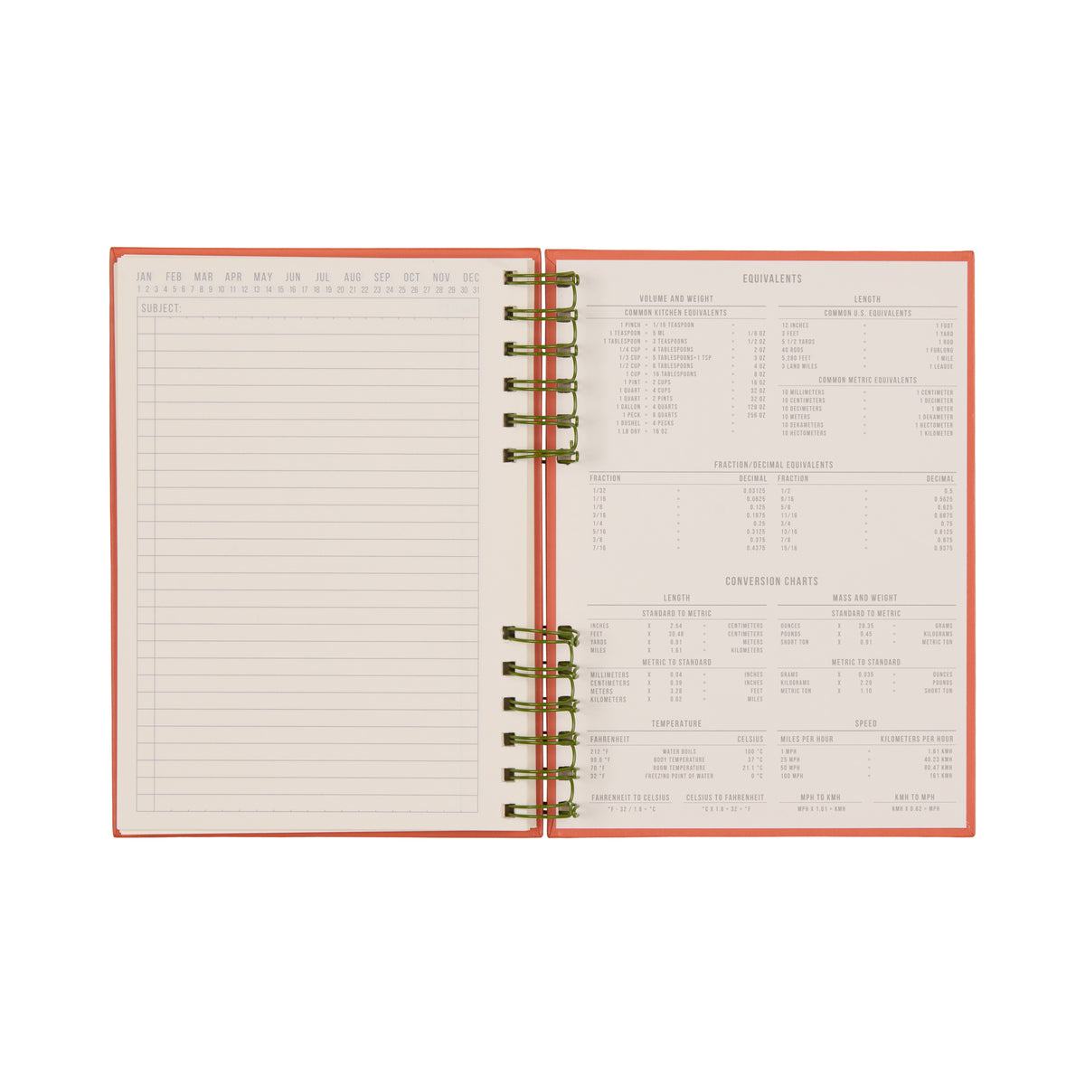 An open Standard Issue Planner Notebook No. 12 - Army Green + Chili is displayed, featuring a spiral binding. The left page offers lined spaces with designated dates at the top, while the right page provides handy conversion charts and measurement equivalents for cooking and baking. Its superior construction guarantees durability, making it perfect for a premium writing experience in the kitchen or anywhere you need it.