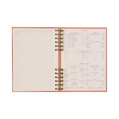 An open Standard Issue Planner Notebook No. 12 - Army Green + Chili is displayed, featuring a spiral binding. The left page offers lined spaces with designated dates at the top, while the right page provides handy conversion charts and measurement equivalents for cooking and baking. Its superior construction guarantees durability, making it perfect for a premium writing experience in the kitchen or anywhere you need it.