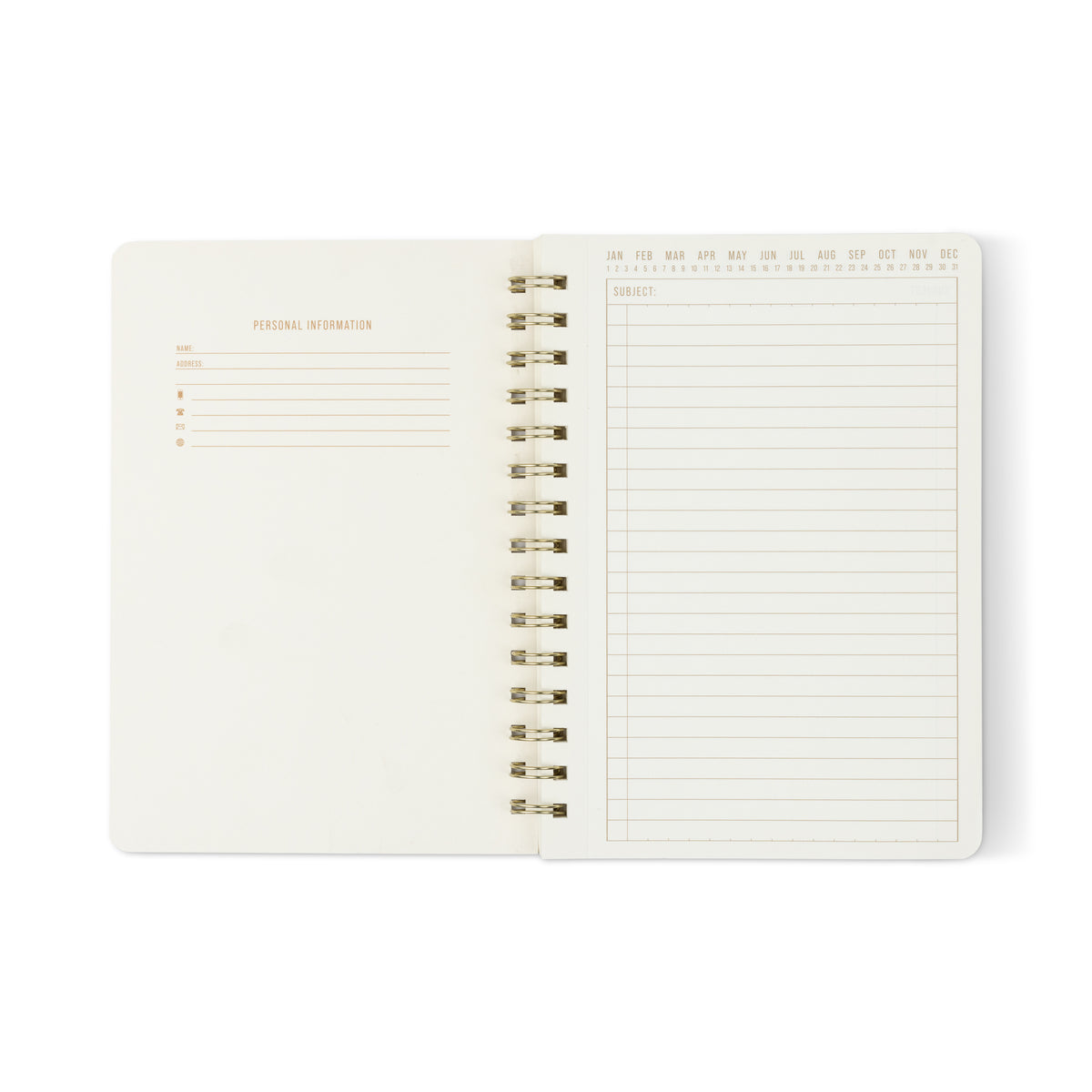 The Textured Paper Twin Wire Notebook - Small Lilac features a personal info page on the left and a right lined notes page with months and dates at the top. Both pages are blank, minimally designed, and bound by twin wire in a softcover spiral format.
