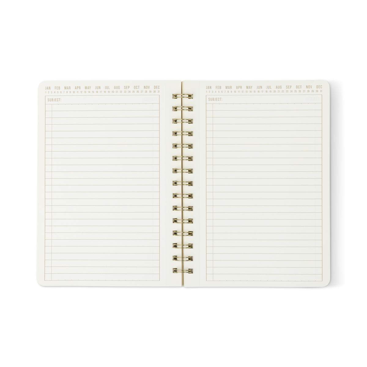 The Textured Paper Twin Wire Notebook - Small Lilac is an open softcover notebook with lined, textured white pages, each featuring a Subject header and small Jan–Dec month abbreviations along the top edge.