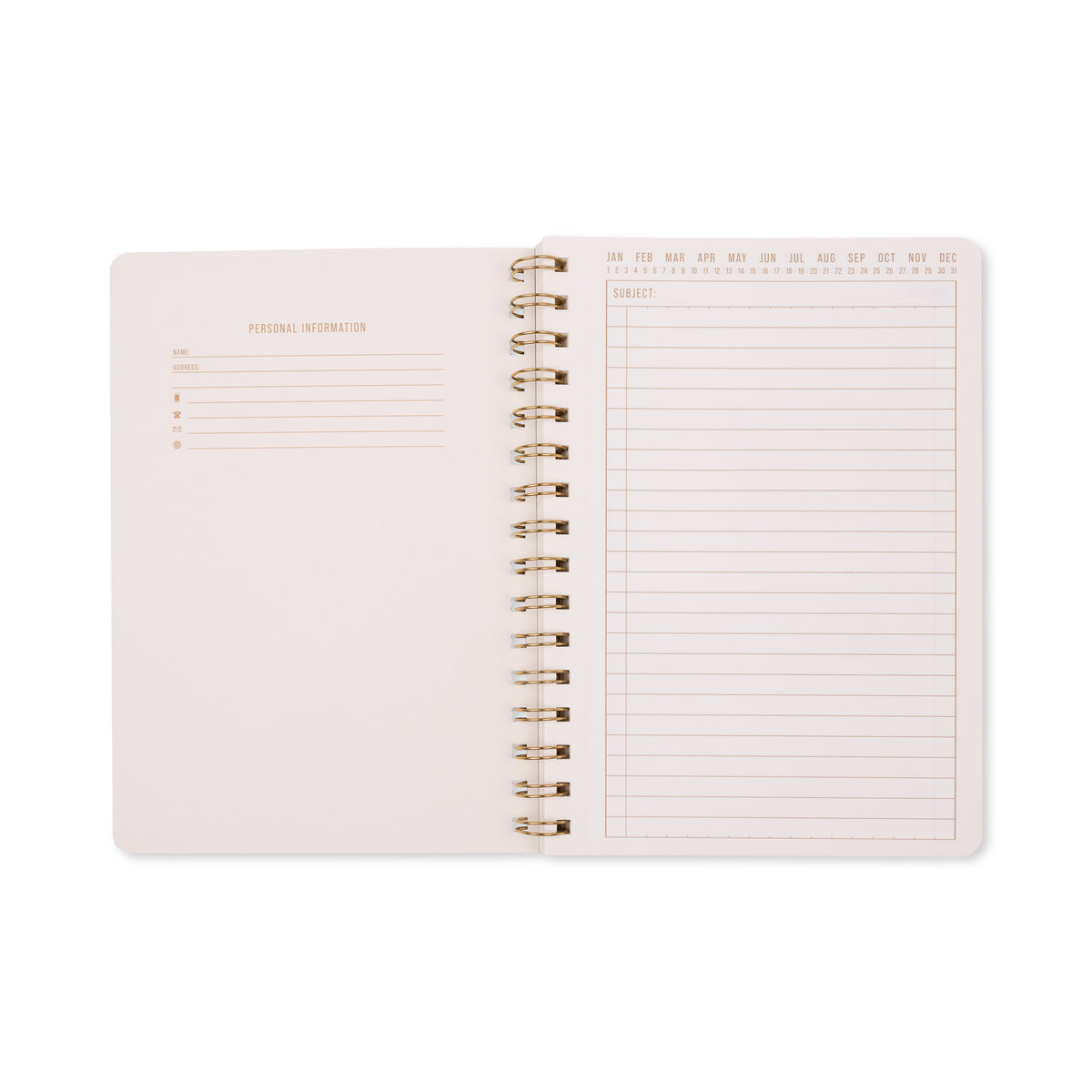 An open Tulip Twin Wire Notebook - Small Green Lattice is displayed, showcasing a personal information page on the left and a lined subject page with dates and months at the top on the right. Both pages feature a minimal, clean design accented by subtle botanical elements.