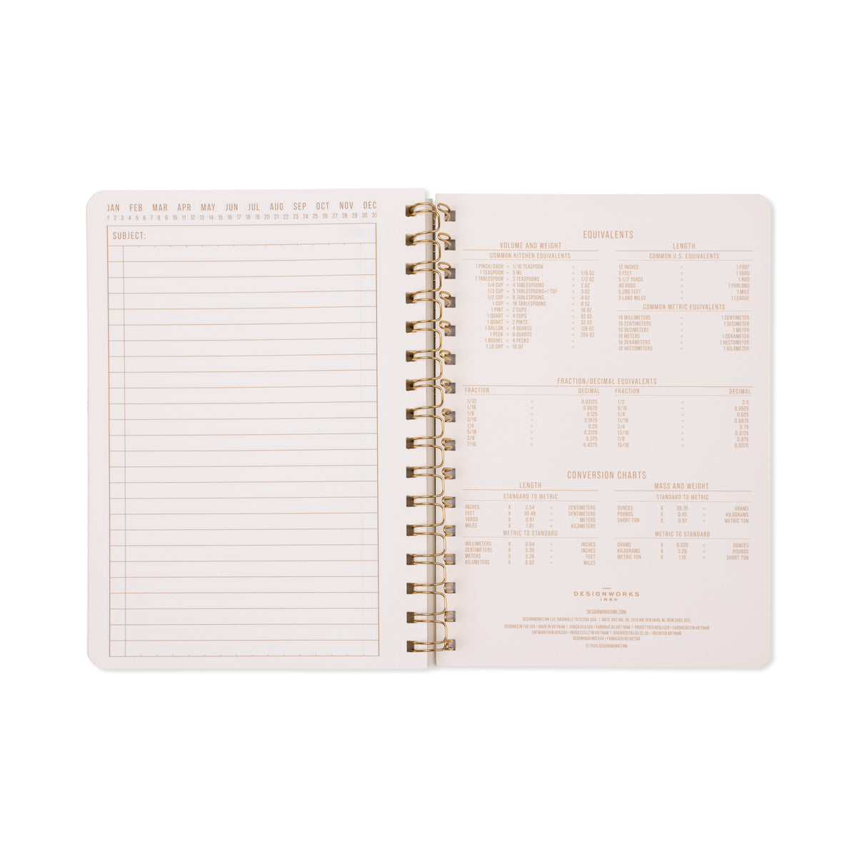 An open Tulip Twin Wire Notebook - Small Green Lattice reveals a blank lined page on the left and a kitchen measurement conversion chart on the right. The background is light, featuring subtly printed text in pale tones, while delicate botanical accents lend an elegant touch.