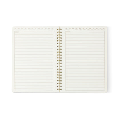 The Textured Paper Twin Wire Notebook - Large Ebony features open lined pages labeled START and numbered 1–31 at the top, ideal for dates or tasks. Its textured, blank pages are ready for writing.