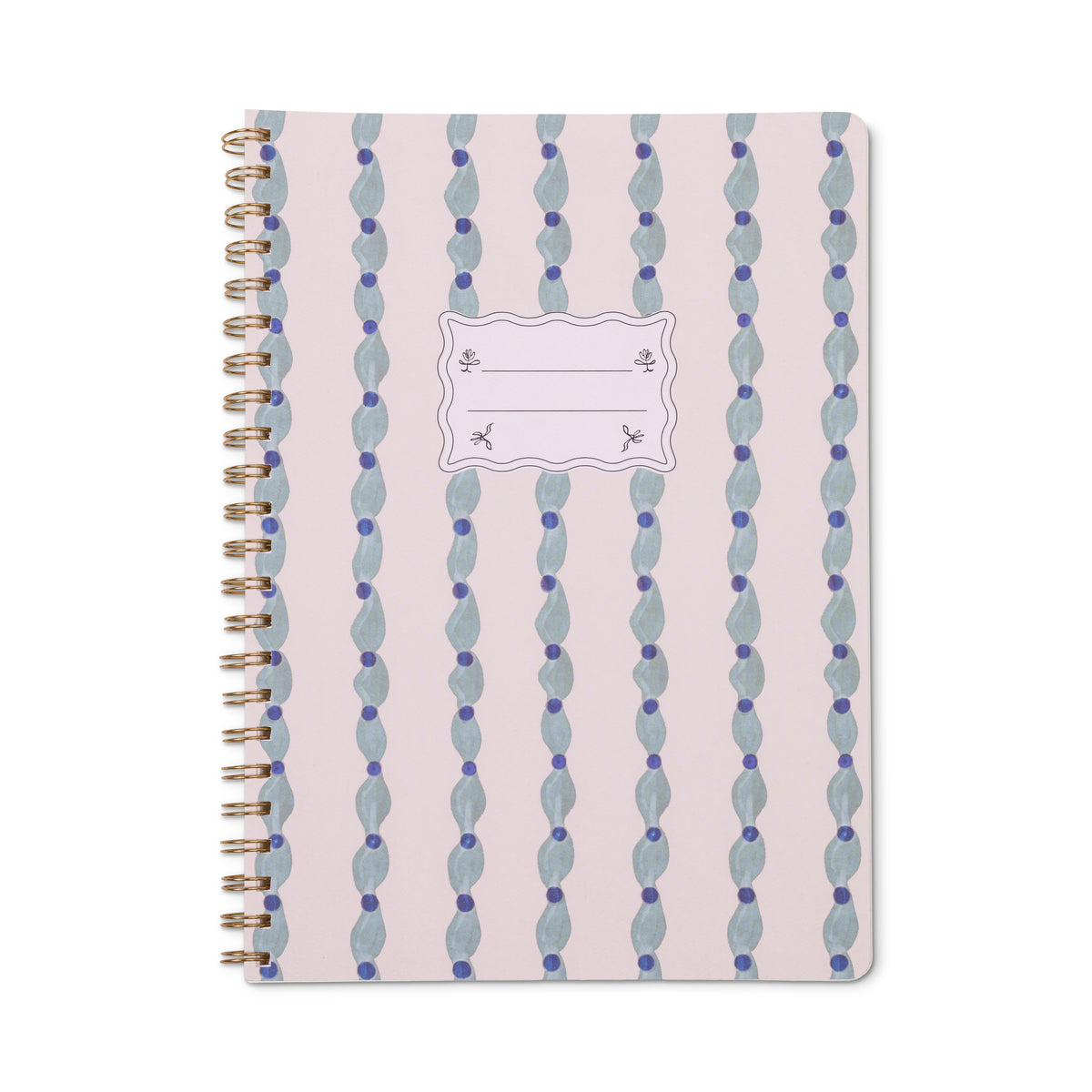 Introducing the Tulip Twin Wire Notebook - Large Wavy Blue: a spiral-bound notebook with a pink cover adorned with vertical blue wavy stripes and a central white label for adding your name or subject. This stylish twin-wire notebook features lined, perforated pages for easy and clean note removal.