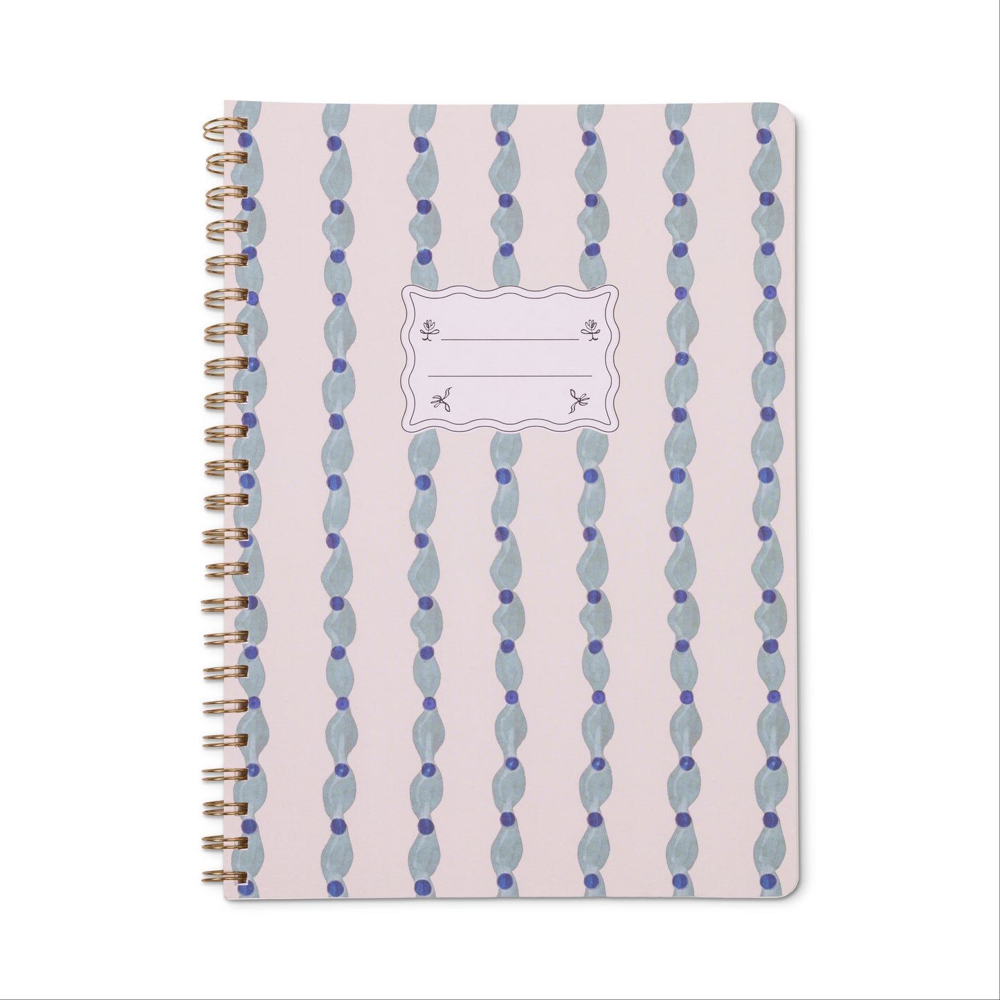 The Tulip Twin Wire Notebook - Large Wavy Blue features a light pink cover with wavy blue, green, and purple dotted patterns, a white name label, lined perforated pages, and sturdy twin-wire binding for convenient note-taking.