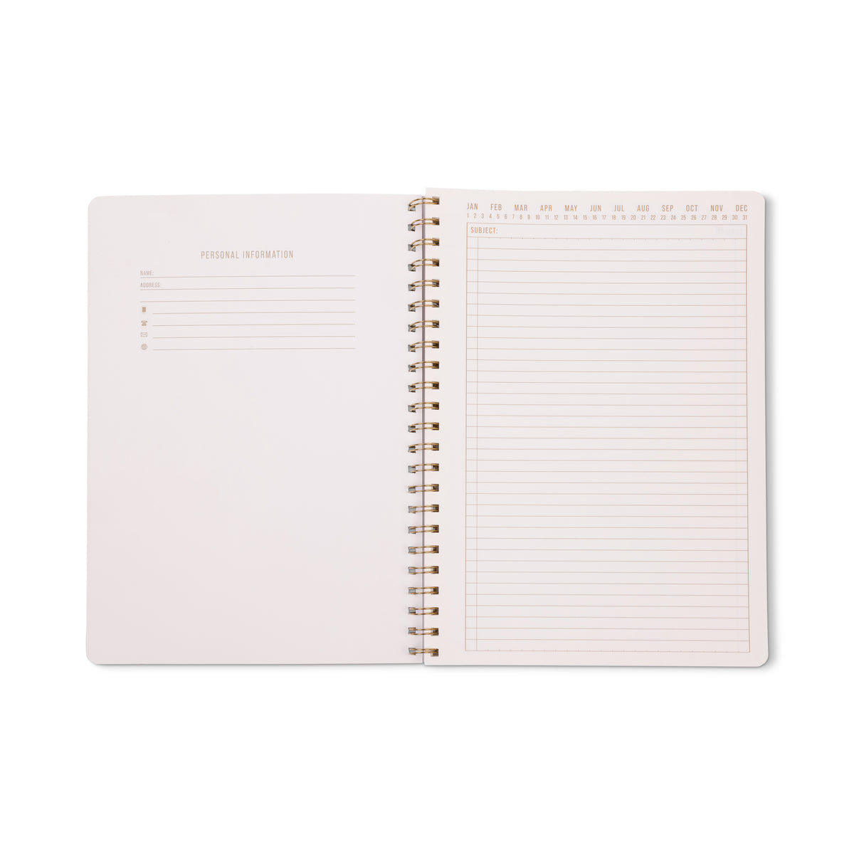 Open Tulip Twin Wire Notebook - Large Wavy Blue displayed against a white background, with a personal information page on the left and a right-hand lined notes page featuring months at the top. This notebook includes lined perforated pages for convenient organization and easy removal.
