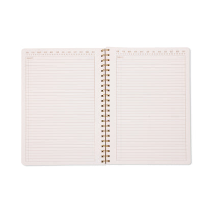 Open the Tulip Twin Wire Notebook - Large Wavy Blue to reveal two lined, perforated pages with headers and numbered columns at the top. The notebook’s twin-wire binding allows the blank pages to lie flat, ready for your writing.