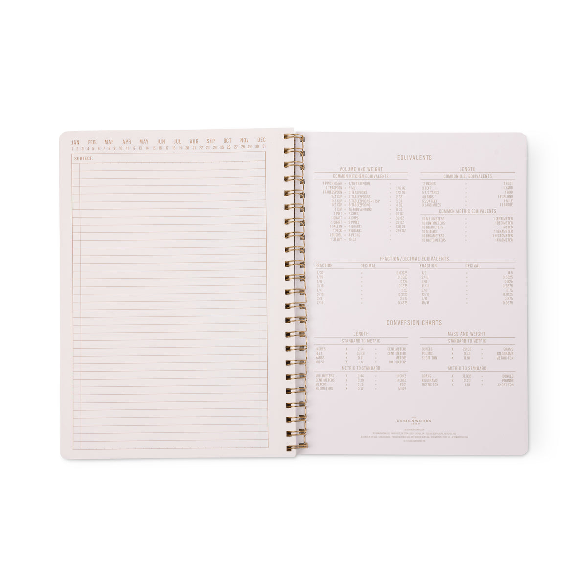 An open Tulip Twin Wire Notebook - Large Wavy Blue reveals a blank lined perforated page on the left and cooking measurement conversion charts on the right, all securely bound within the twin-wire design for convenient flipping and note-taking.