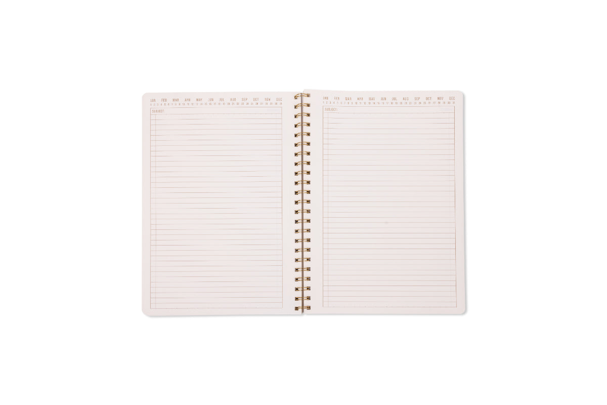 The Tulip Twin Wire Notebook - Large Wavy Blue is shown open with lined, perforated pages and a date section at the top of each page, photographed against a white background.