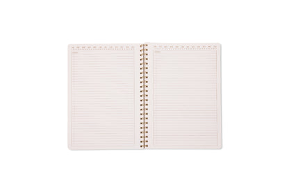 The Tulip Twin Wire Notebook - Large Wavy Blue is shown open with lined, perforated pages and a date section at the top of each page, photographed against a white background.