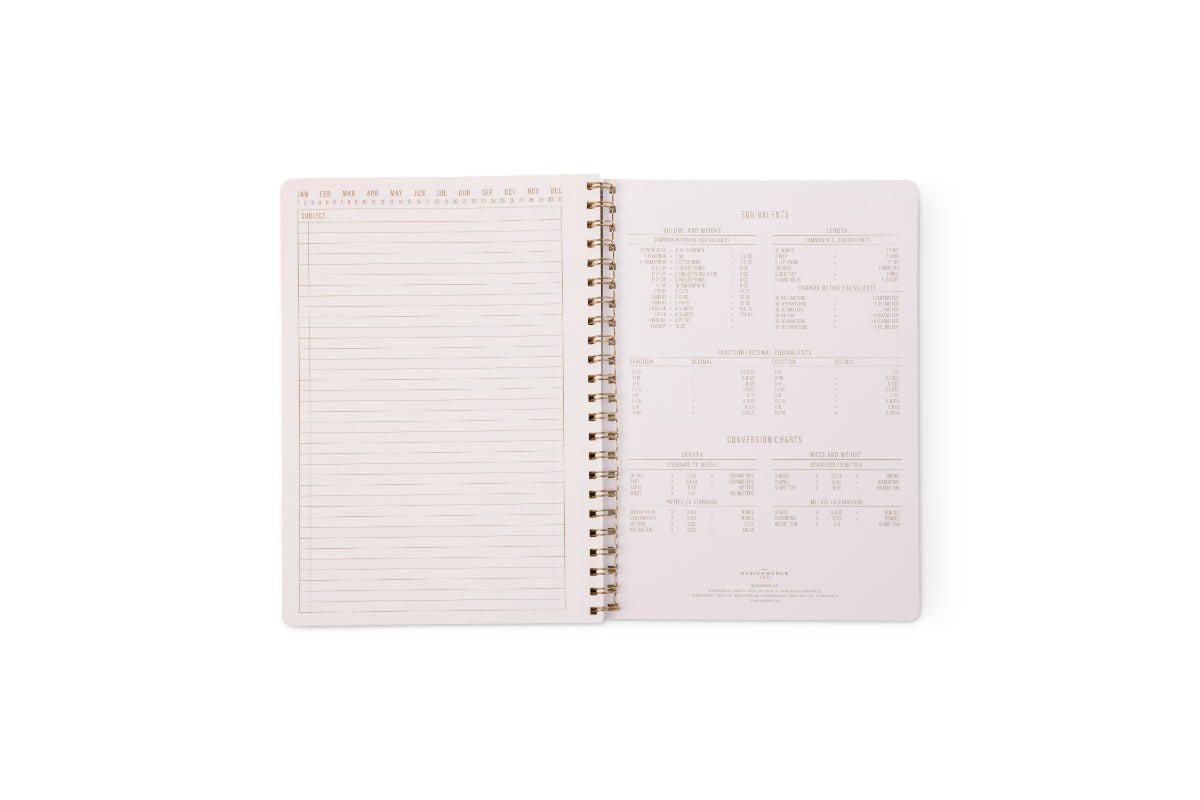 The Tulip Twin Wire Notebook - Large Wavy Blue opens to lined, perforated, numbered sections on the left page, while the right page features printed tables and data in small text.