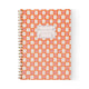 The Tulip Large Twin Wire Notebook - Orange Check features an orange and pink geometric cover, sturdy twin-wire binding, a white label for names or subjects, and lined perforated pages for easy tear-out.