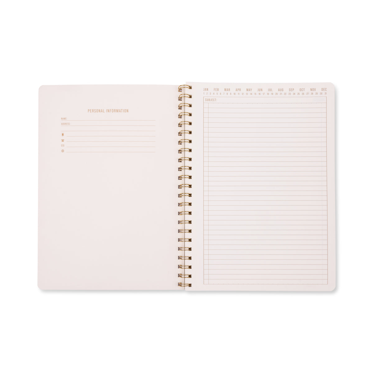 An open Tulip Twin Wire Notebook - Large Orange Check is displayed, showcasing a personal information page on the left and a lined notes page with columns for date and days of the week on the right. The lined, perforated pages and vibrant large orange check cover provide both convenience and style for your everyday organization.