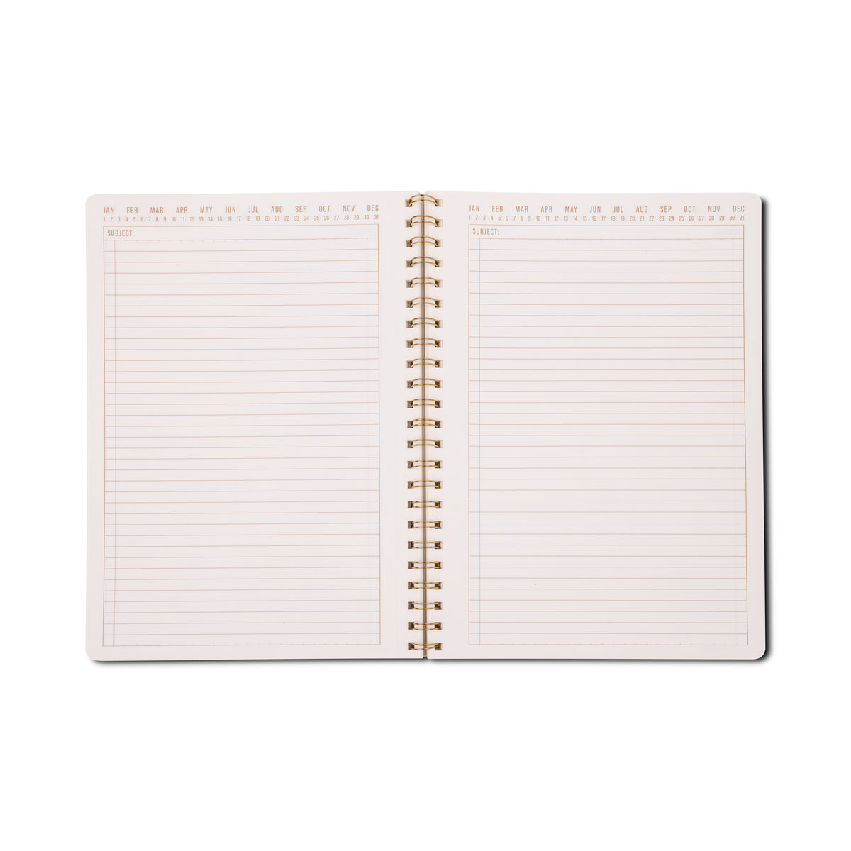 Sure! Here’s a rewritten version of the sentence using your product data: The Tulip Twin Wire Notebook - Large Orange Check features an open spiral binding and lined, perforated pages with headers for Subject, as well as columns for days and dates across the top. Its pages are blank and ready for writing.