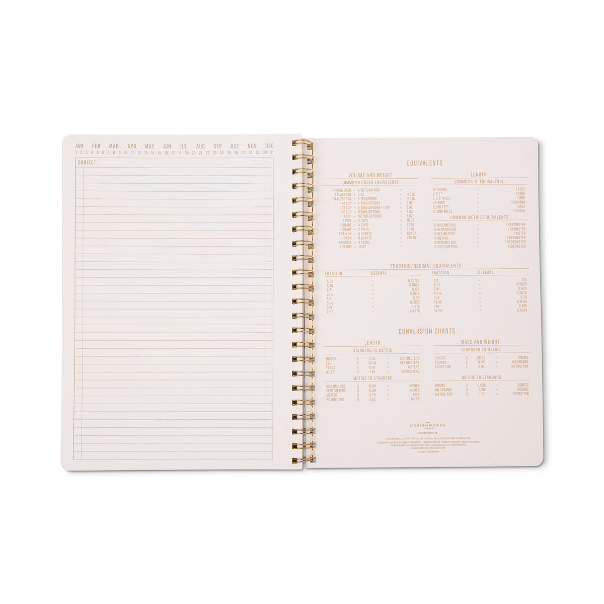 The Tulip Twin Wire Notebook - Large Orange Check lies flat when open, revealing a lined page with calendar months at the top left and measurement conversion charts, equivalents, and other reference information on the right.
