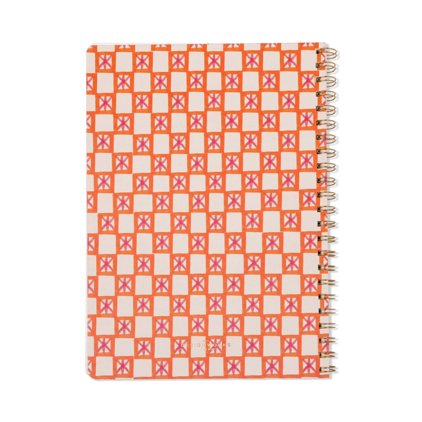 The Tulip Large Twin Wire Notebook - Orange Check features a retro checkered cover with orange squares and pink Xs on cream, lined perforated pages, gold twin-wire binding, and subtle Design Works Ink branding.