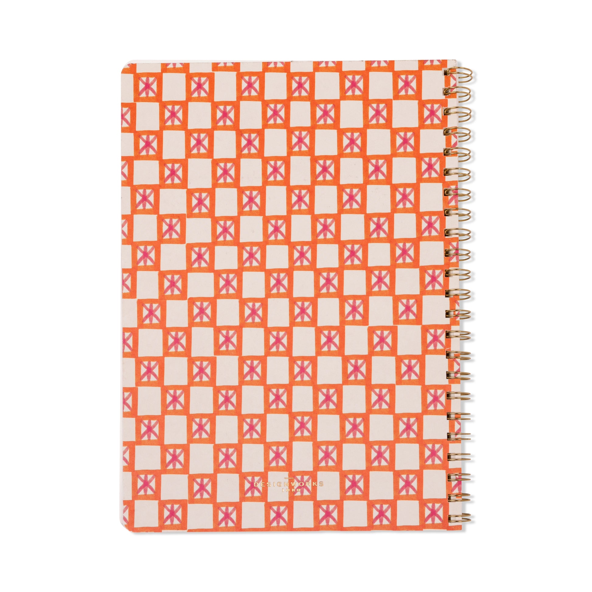 The Tulip Large Twin Wire Notebook - Orange Check features a retro checkered cover with orange squares and pink Xs on cream, lined perforated pages, gold twin-wire binding, and subtle Design Works Ink branding.