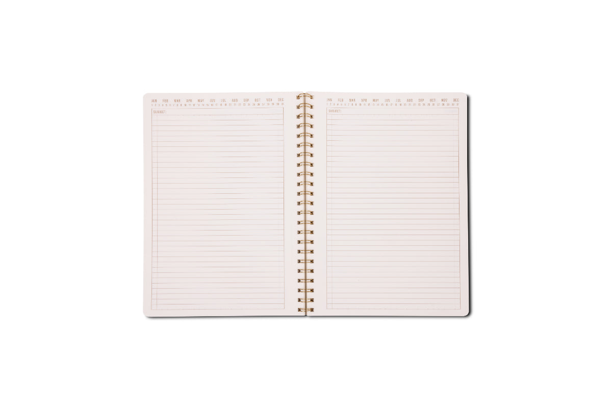 An open Tulip Large Twin Wire Notebook - Orange Check is shown on a white background, featuring lined perforated pages with date headers and sturdy twin-wire binding to keep pages secure and ready for writing.