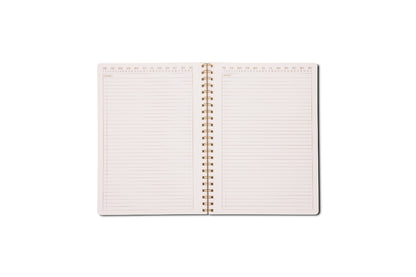 An open Tulip Large Twin Wire Notebook - Orange Check is shown on a white background, featuring lined perforated pages with date headers and sturdy twin-wire binding to keep pages secure and ready for writing.