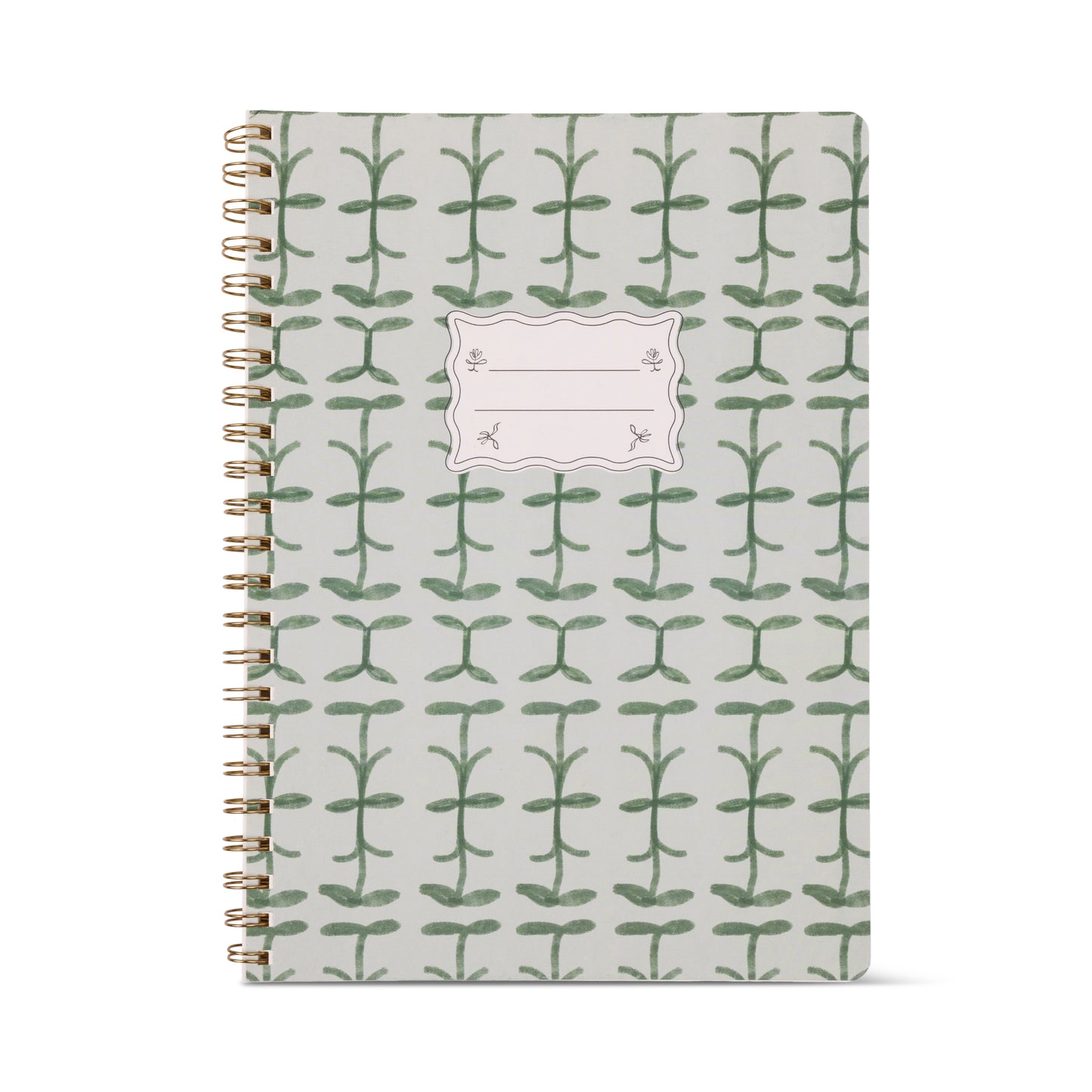 The Tulip Large Twin Wire Notebook - Green Vine features a green plant pattern on the cover, spiral binding, and a blank white label in the center for your name or subject.