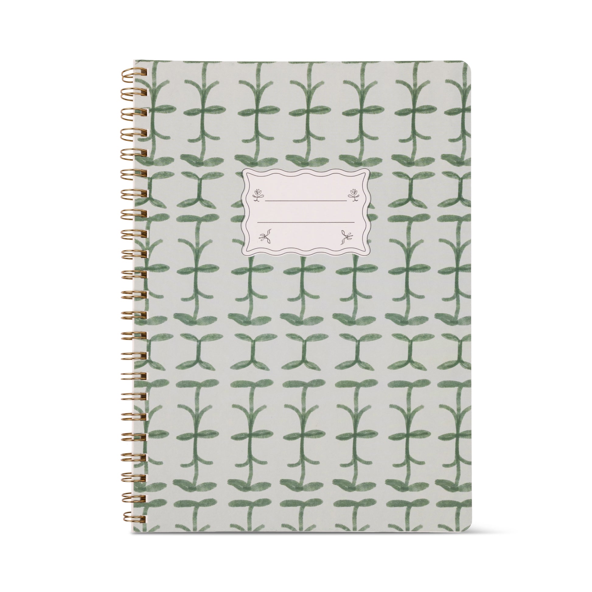 The Tulip Large Twin Wire Notebook - Green Vine features a green plant pattern on the cover, spiral binding, and a blank white label in the center for your name or subject.