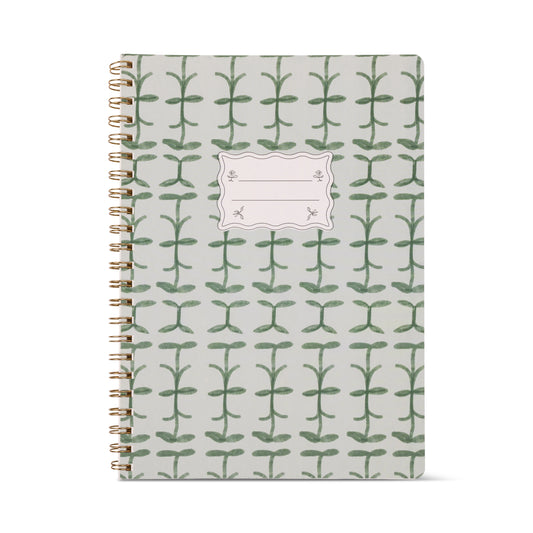 The Tulip Large Twin Wire Notebook - Green Vine features a green plant pattern on the cover, spiral binding, and a blank white label in the center for your name or subject.
