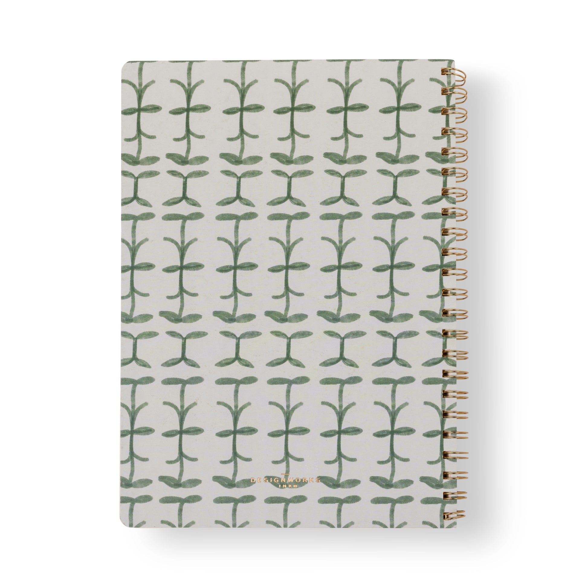 The Tulip Large Twin Wire Notebook - Green Vine features a white cover with repeating green, stylized vertical plant motifs in neat rows and a gold-colored twin-wire binding on the right side.
