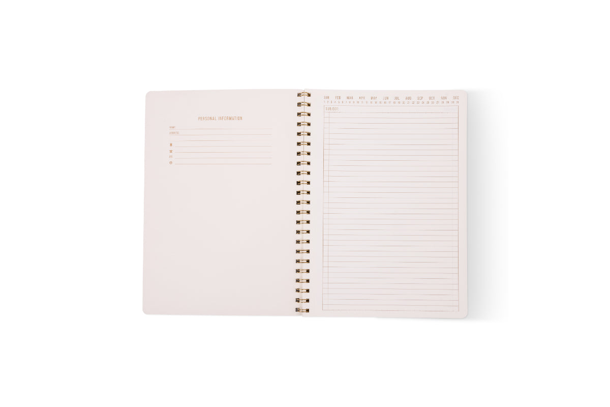 The Tulip Large Twin Wire Notebook - Green Vine features an open layout with a blank Personal Information form on the left and lined pages with small date headers on the right, displayed against a white background.
