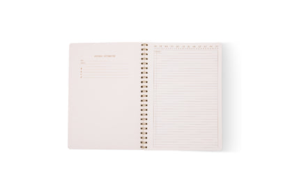 The Tulip Large Twin Wire Notebook - Green Vine features an open layout with a blank Personal Information form on the left and lined pages with small date headers on the right, displayed against a white background.