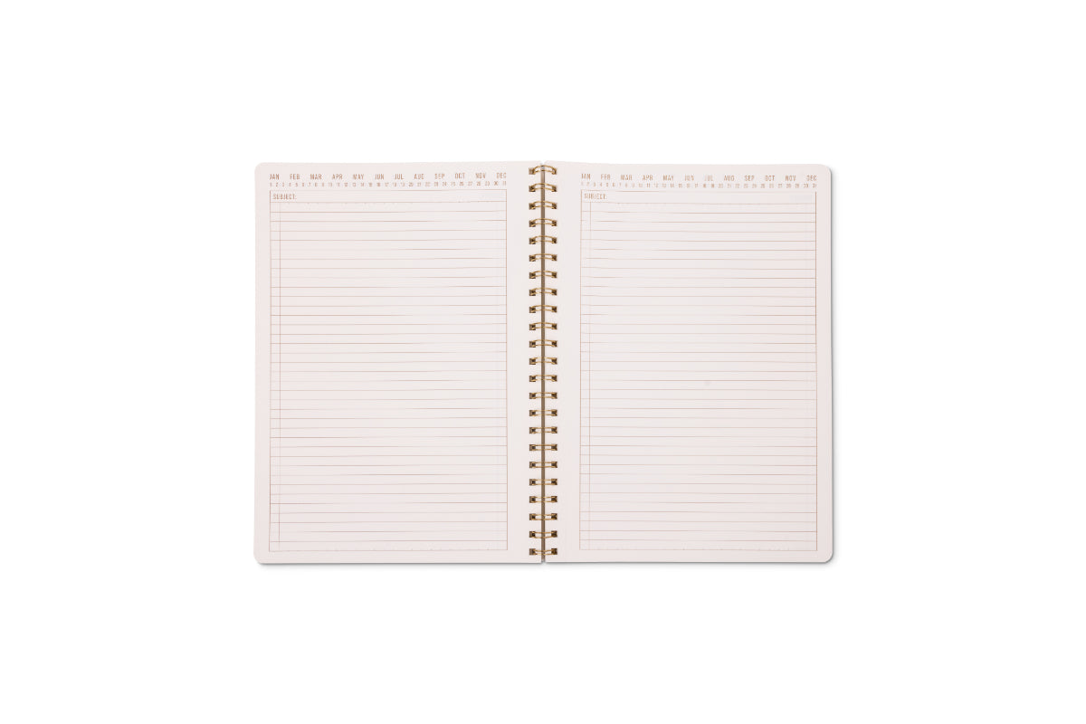 An open Tulip Large Twin Wire Notebook - Green Vine with lined pages and a light pink border, centered on a white background. Each page features space for dates and notes at the top.