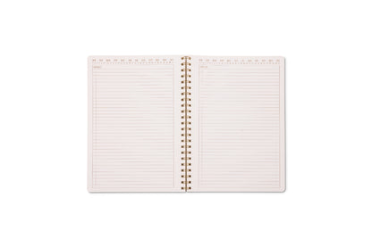 An open Tulip Large Twin Wire Notebook - Green Vine with lined pages and a light pink border, centered on a white background. Each page features space for dates and notes at the top.