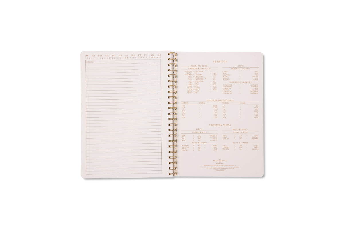 The Tulip Large Twin Wire Notebook - Green Vine features lined pages for writing on the left and brown-printed measurement equivalents, abbreviations, and conversion charts on the right.