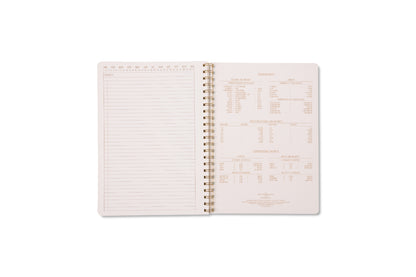 The Tulip Large Twin Wire Notebook - Green Vine features lined pages for writing on the left and brown-printed measurement equivalents, abbreviations, and conversion charts on the right.