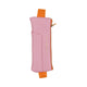 The Vegan Leather Pen Pouch - Pink + Orange features a gold zipper, orange handle accents, and an adjustable elastic band for attaching to notebooks. Made from pink vegan leather, its shown against a white background.