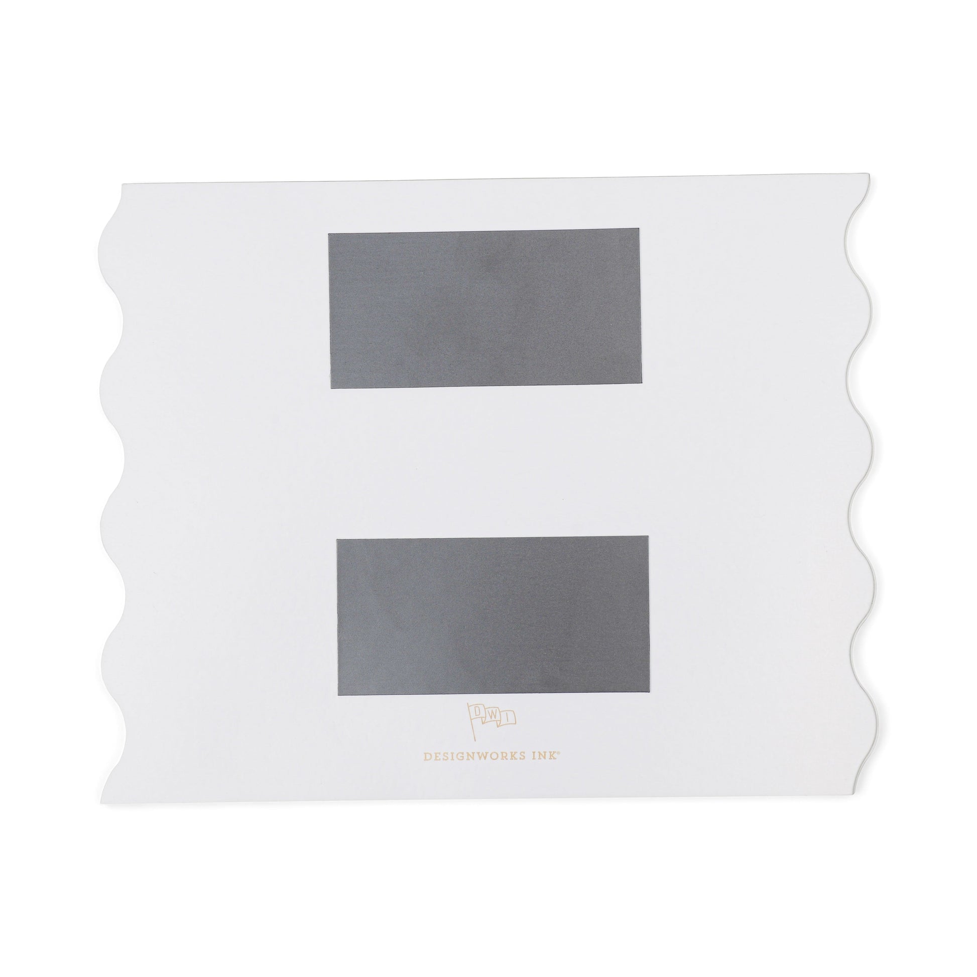 The Meal Planner Notepad with Magnets – Cloud + Cream features a white rectangular frame with scalloped edges, two black sections for lists or menus, and is labeled DesignWorks Inc.—a stylish choice for organizing your week.