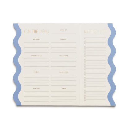 Stay organized in style with our Meal Planner Notepad with Magnets – Cloud + Cream, featuring daily sections, an Other area, a market list on the right, and a chic blue wavy border.