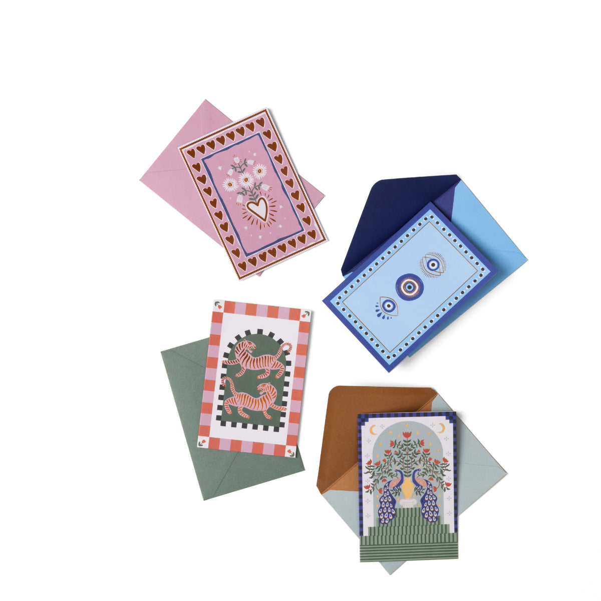 Sixteen vibrant notecards from the Boxed A Dopo Notecard Set—each featuring unique illustrations of flowers, abstract eyes, two zebras, and birds with flowers—are displayed with matching envelopes on a white background. This premium 16-card stationery set is a delightful addition to any gift box or personal collection.