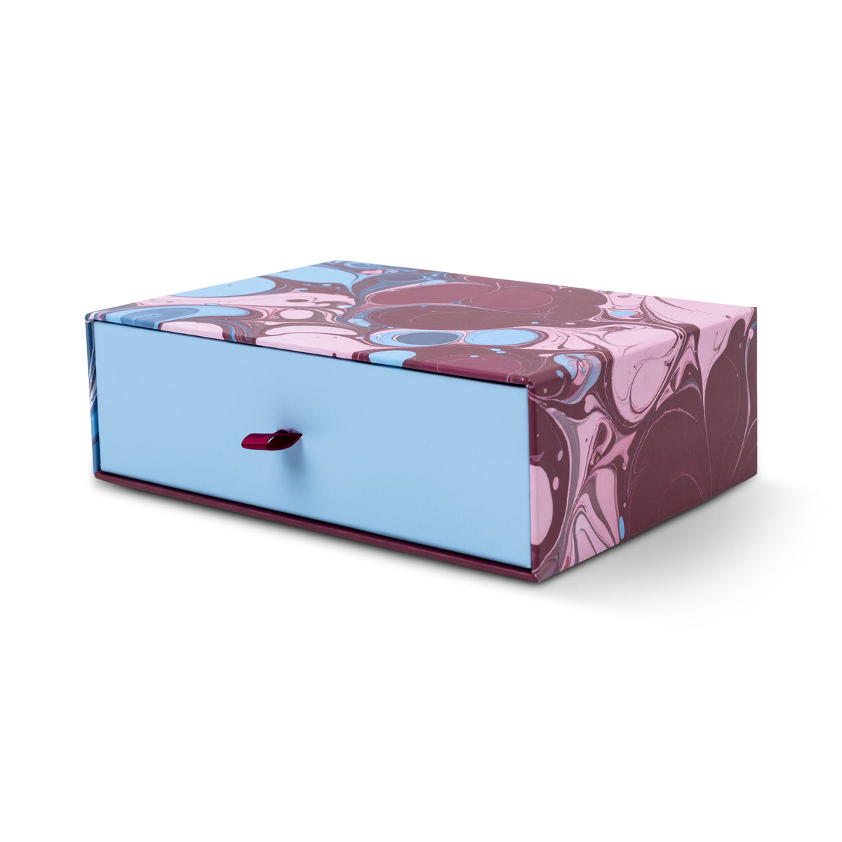 A rectangular Boxed Marble Notecard Set - 16 Cards storage box, featuring a light blue front panel with a ribbon pull and a top surface with a purple and blue marbled pattern.