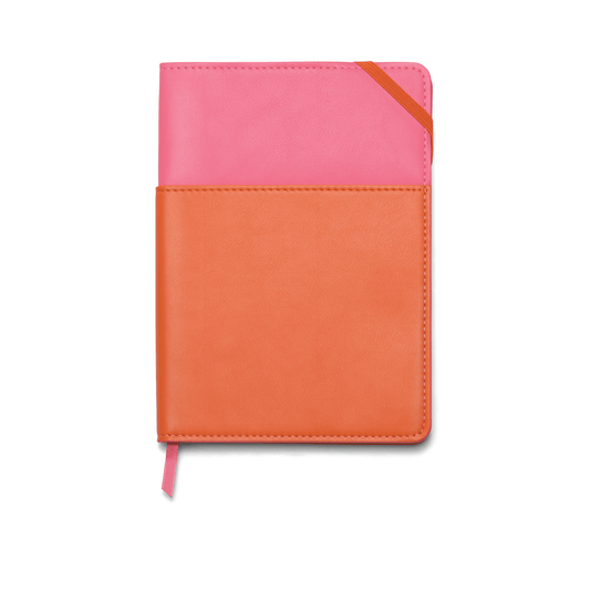Vegan Leather Pocket Journal, 7" X 9" - Pink + Chili on a white background. 