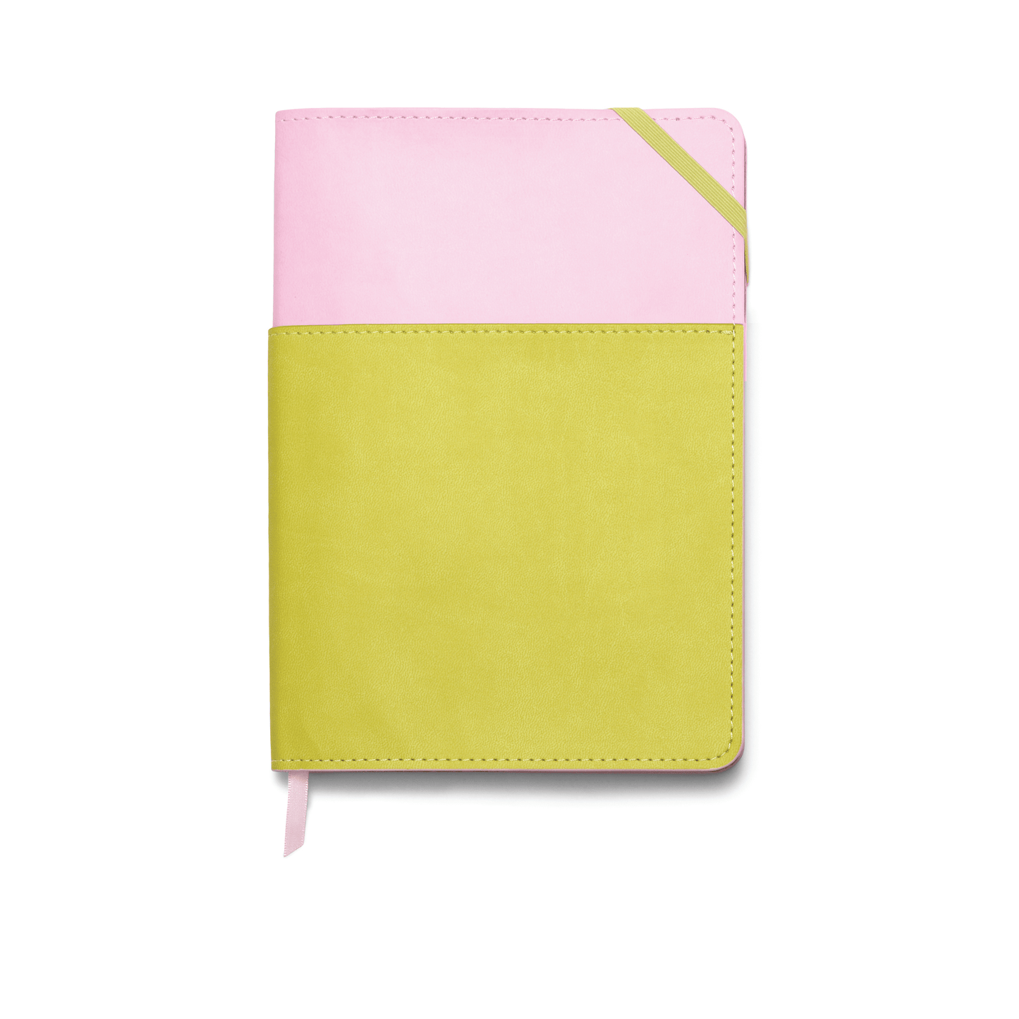 Vegan Leather Pocket Journal, 7" X 9" - Lilac + Matcha on a white background. 