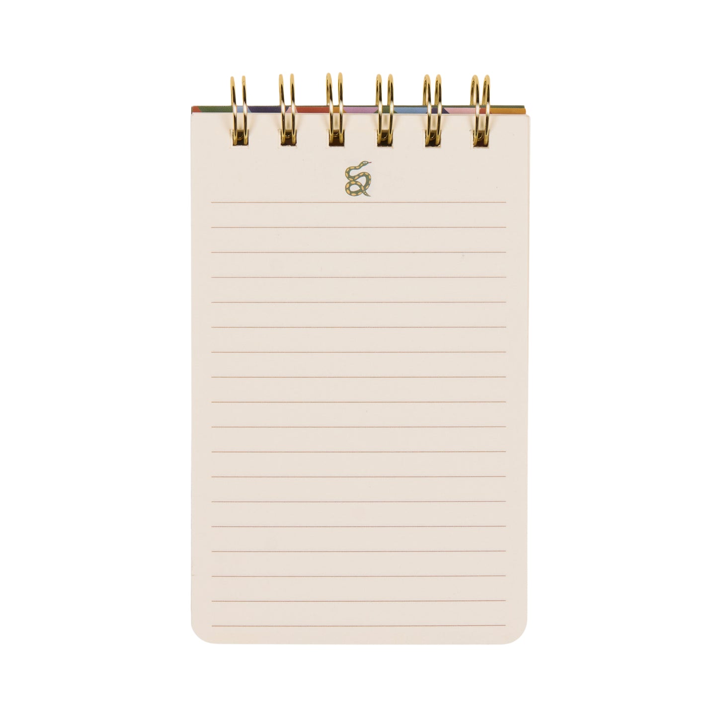 A Dopo Twin Wire Notepad - Snake is a compact, spiral-bound notepad with lined cream-colored pages and a gold twin wire binding at the top. The cover features Mediterranean-inspired hand-drawn snake designs, shown against a white background.